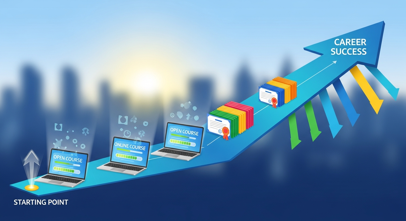 Illustration of career growth through completing online courses and earning certificates."