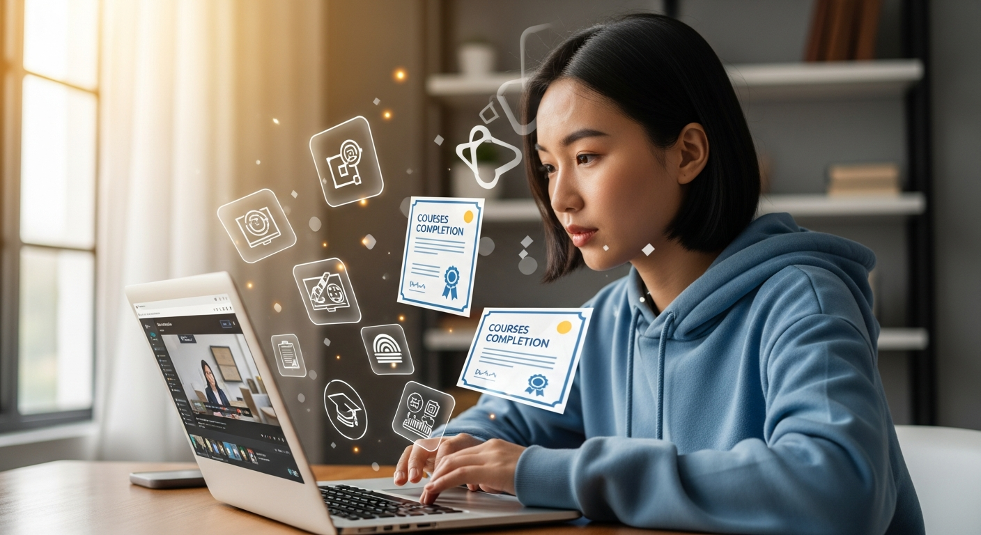 Student learning online on a laptop with certificates and skill icons around."