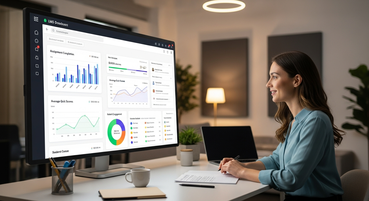 Educator using a modern LMS dashboard to track student progress in 2026