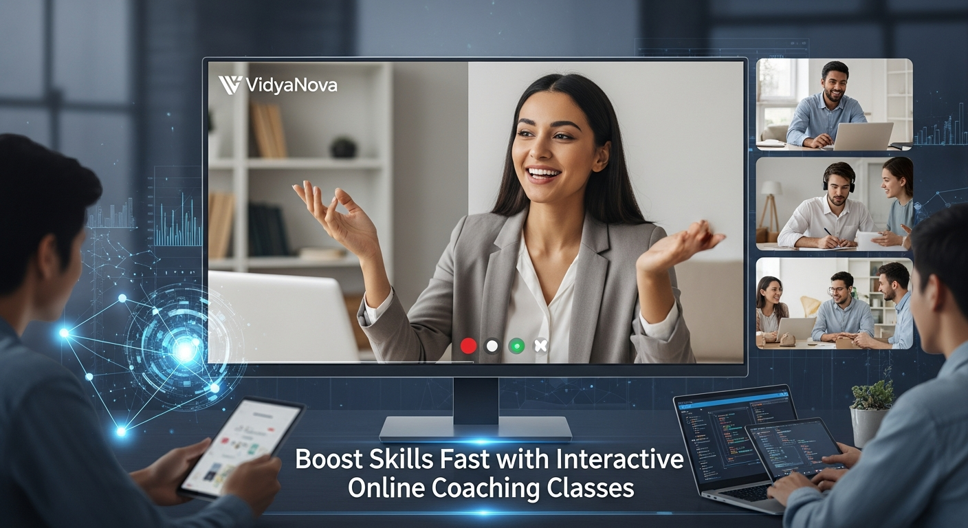 Boost Skills Fast with Interactive Online Coaching Classes by VidyaNova featuring live online learning, virtual instructors, and digital skill development.