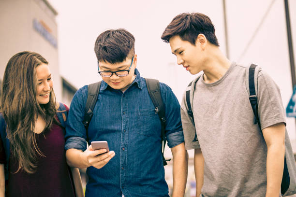 Illustration of technology-driven education showing students learning with laptops, tablets, and AI-powered tools.