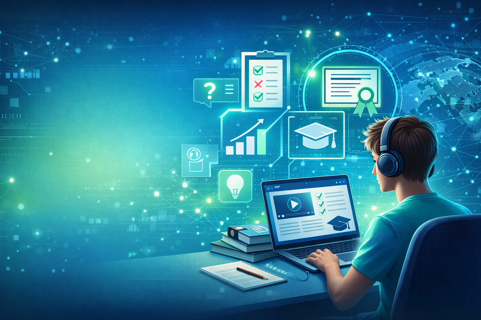 "Young man learning online at his laptop surrounded by certificates, graphs, and digital icons, illustrating the engagement benefits of e-learning."