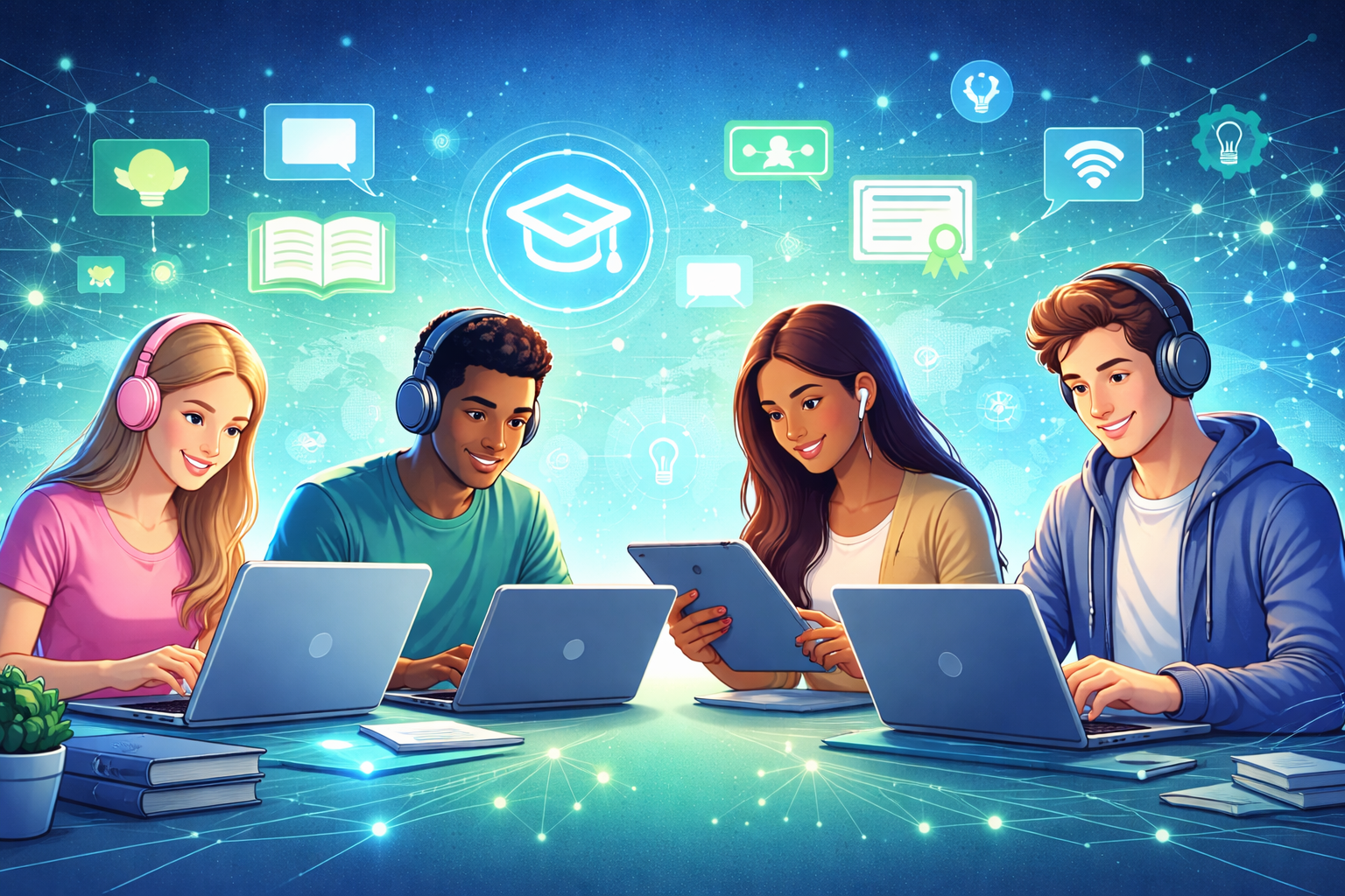 "Diverse group of students using laptops and tablets for e-learning, surrounded by digital icons representing achievements, books, and collaborative learning."