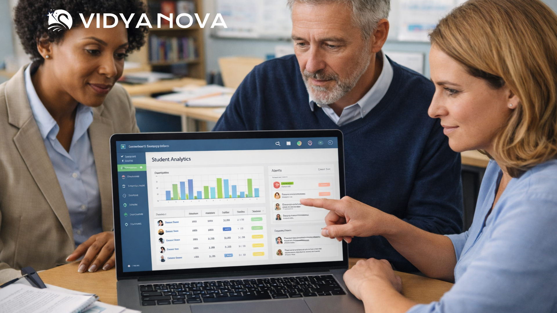 School leaders using an online learning portal to track student performance and engagement