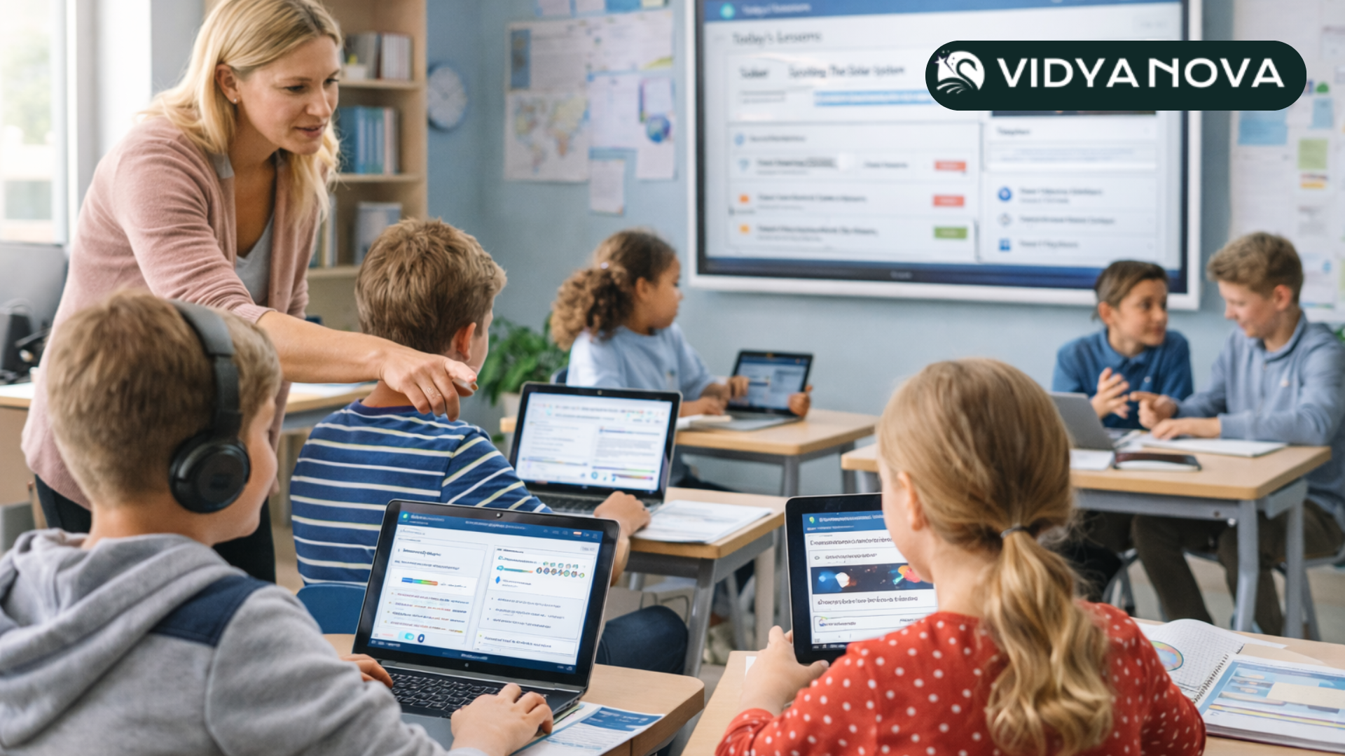 Teacher using a digital learning platform to manage blended learning activities in a K12 classroom.