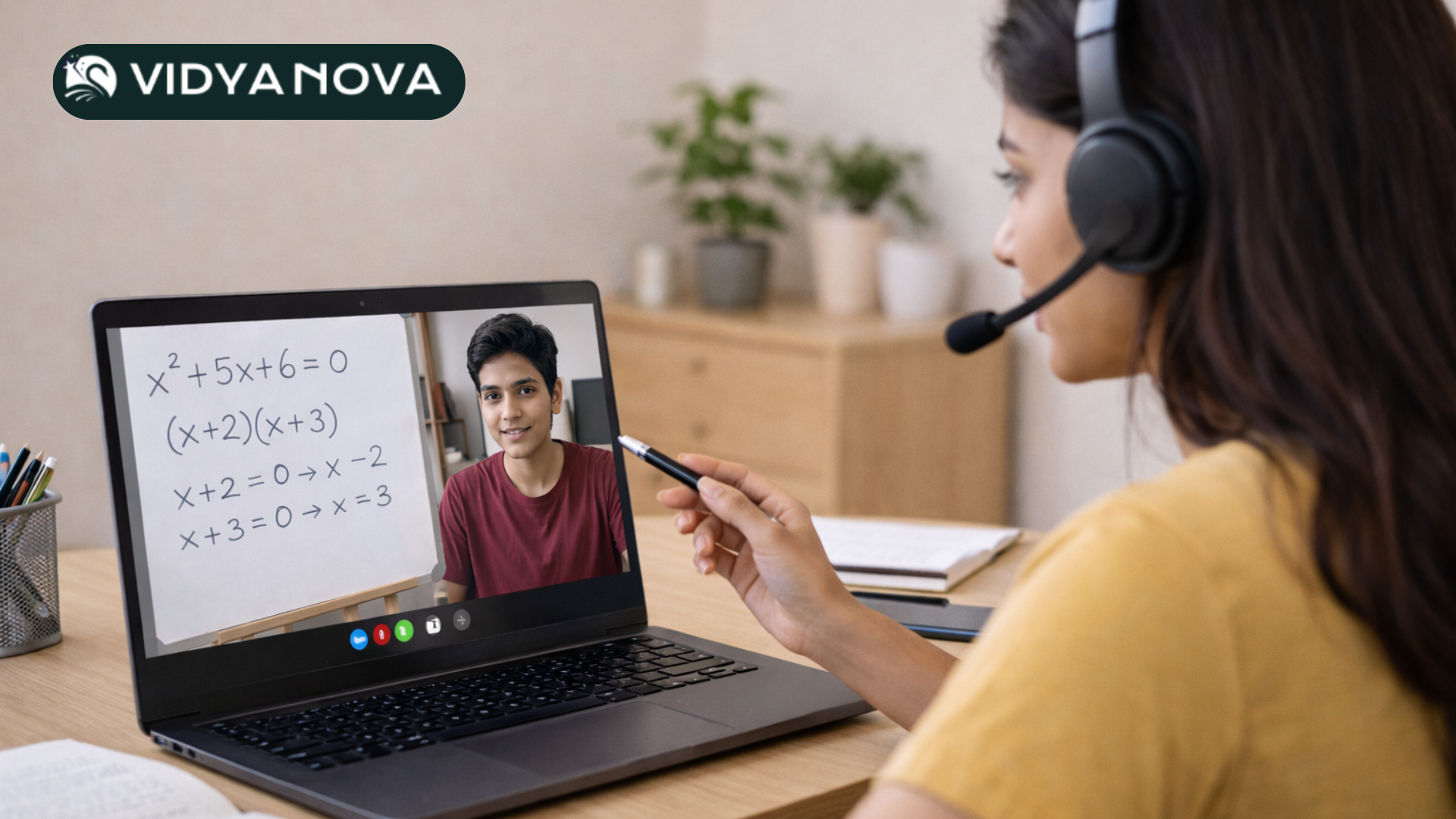 Online tutor conducting a one on one remote math lesson from home