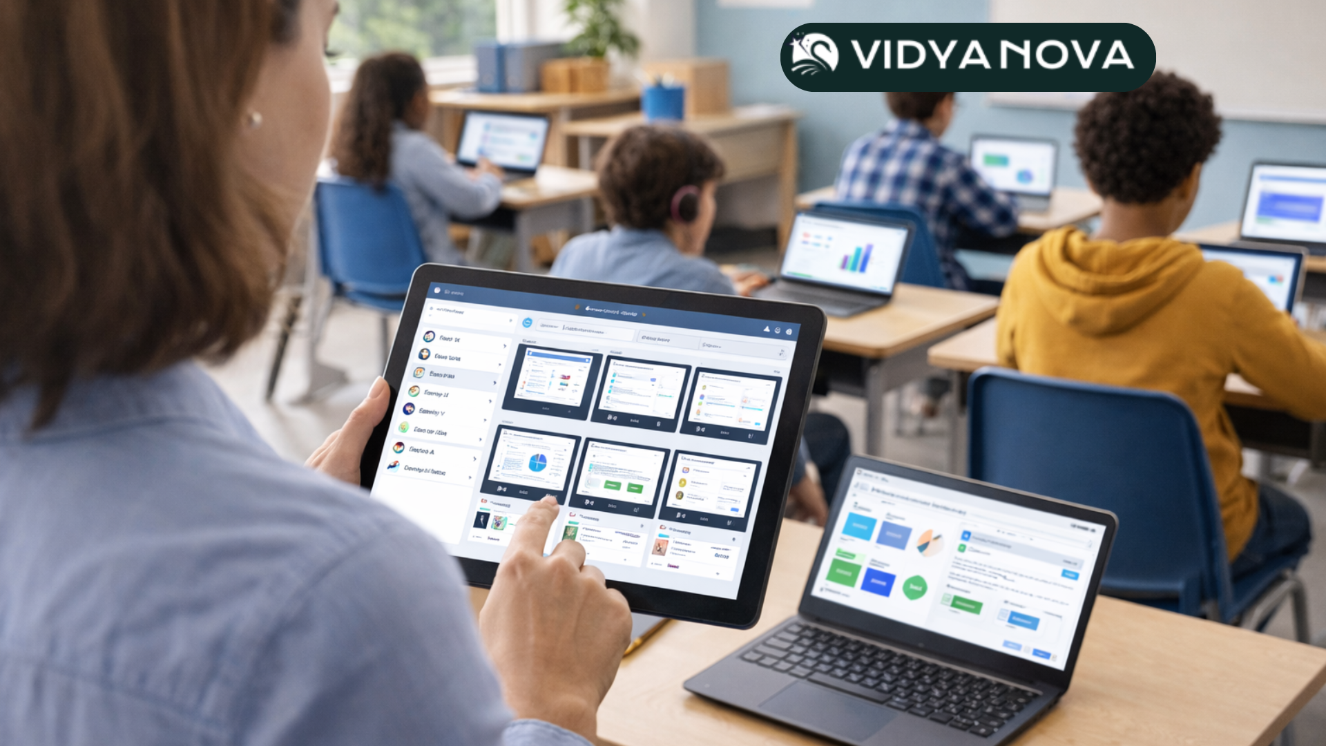 Teacher using classroom management software in a blended learning classroom