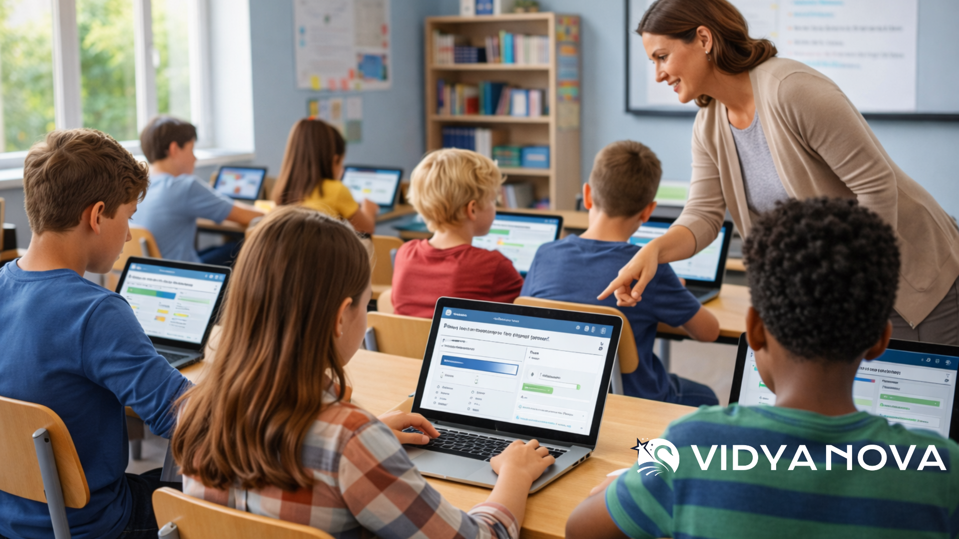 Students using adaptive AI learning tools while teacher provides small group instruction