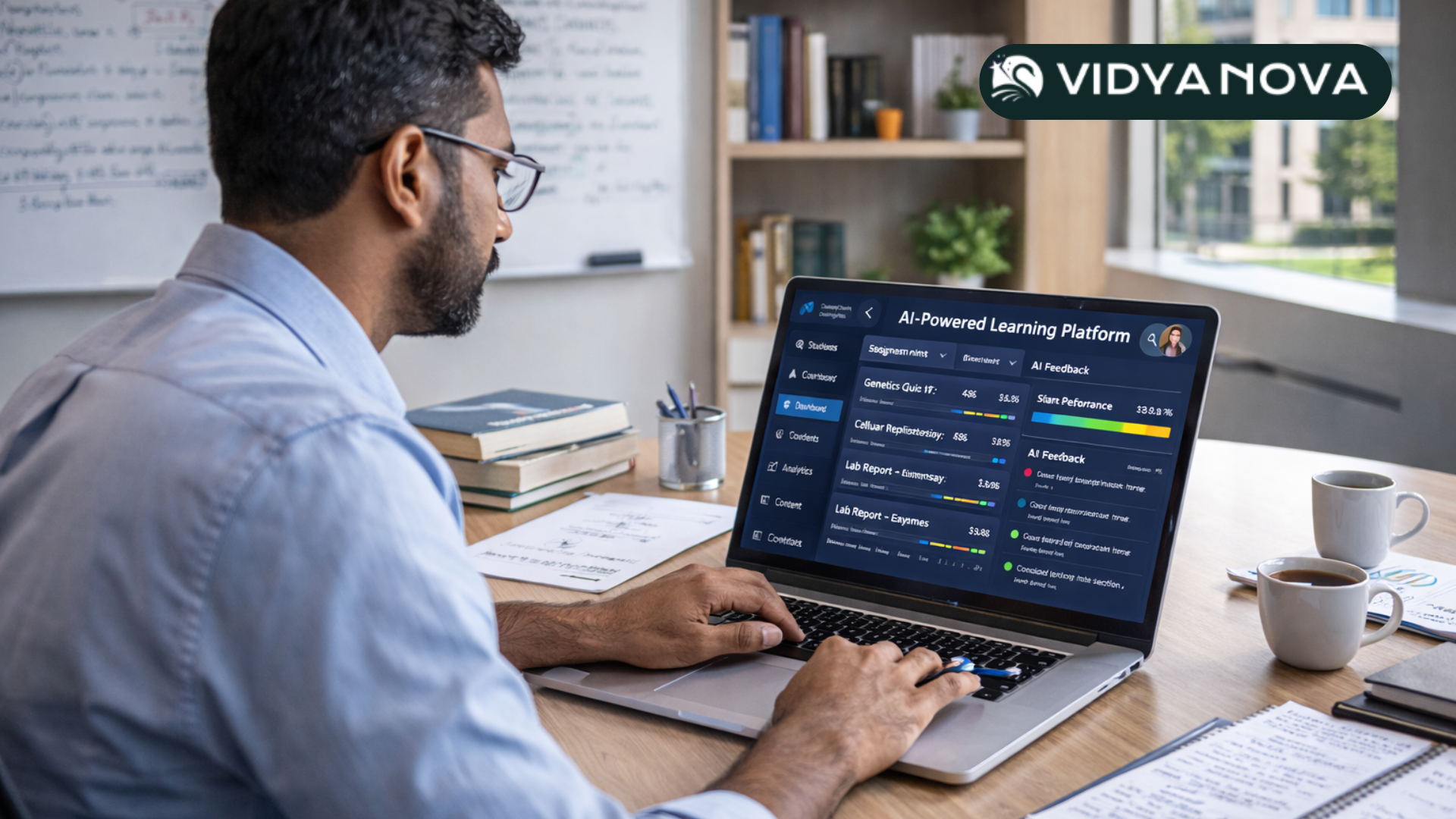 Professor using AI-powered LMS to review student performance and provide feedback.