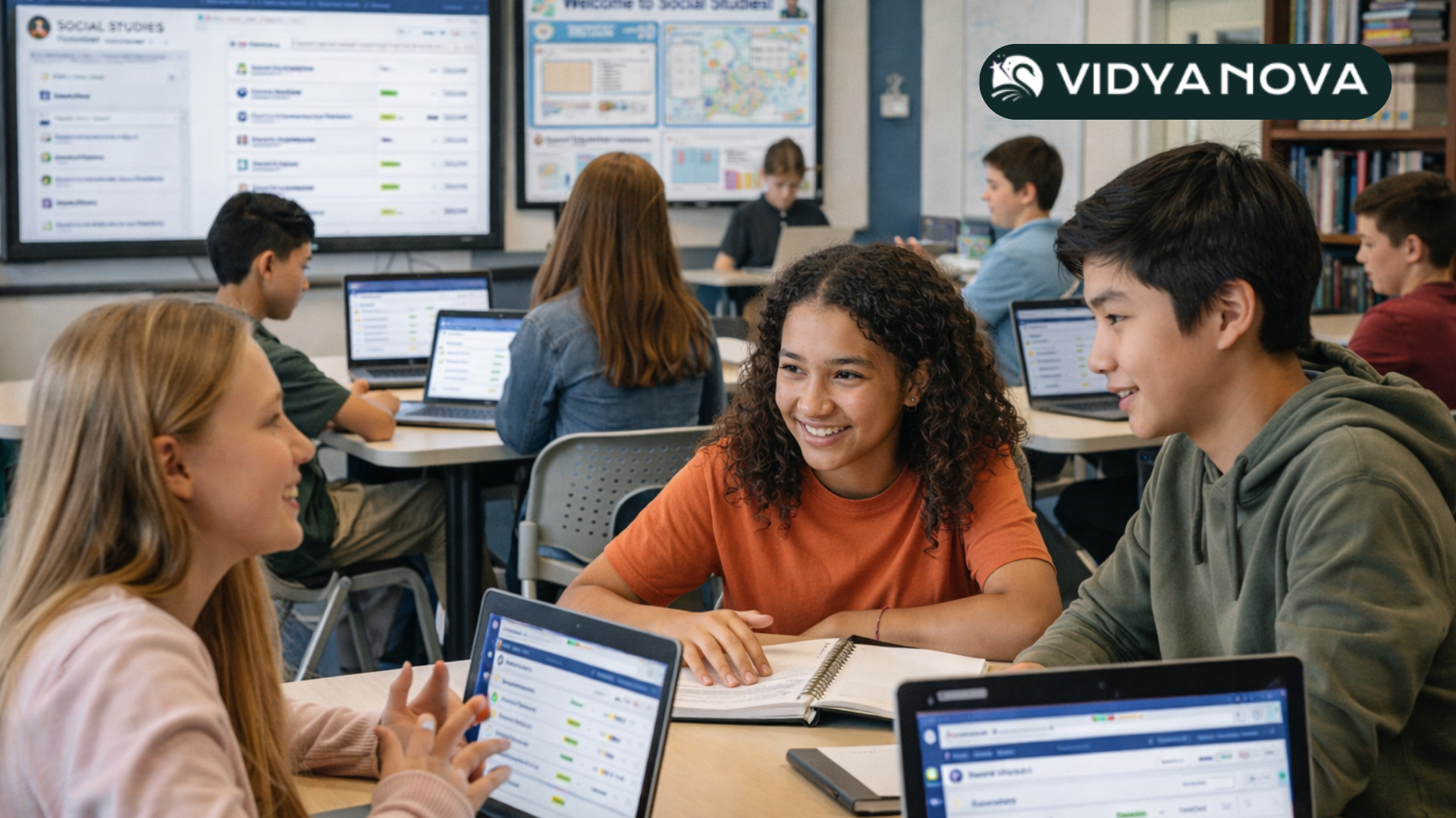 Students participating in blended learning using laptops and group collaboration in a smart classroom