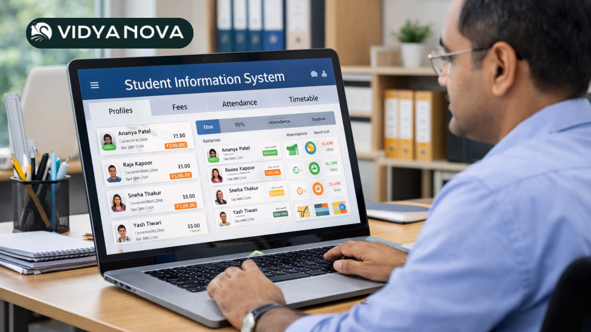 School administrator managing student information system and fee records using school ERP software