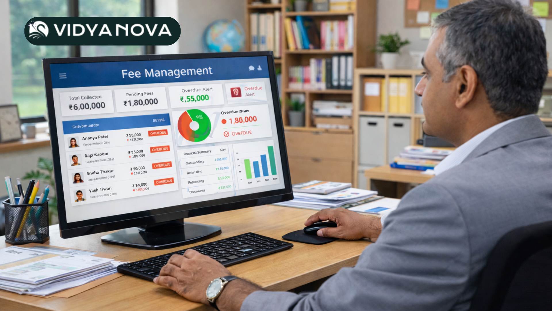 School finance manager using fee management software to track digital payments and reports