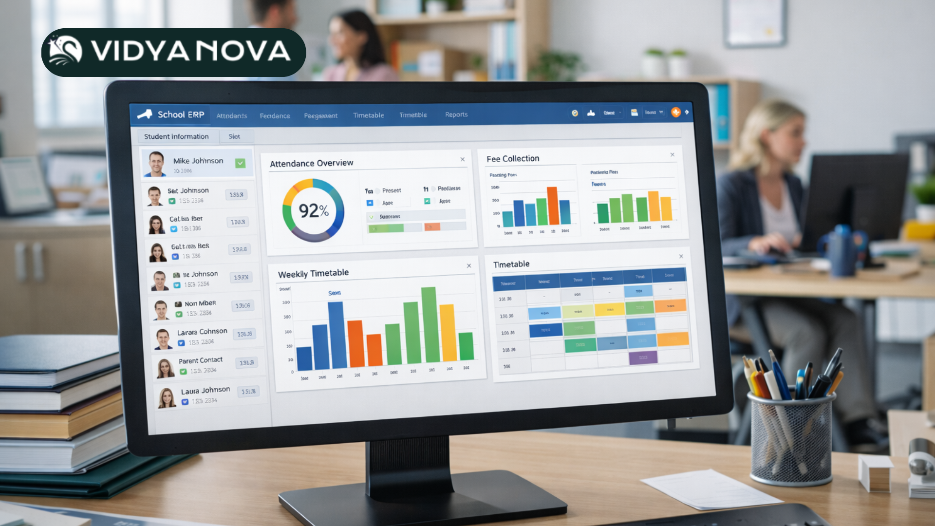 School ERP software dashboard showing student records, attendance tracking and fee management system