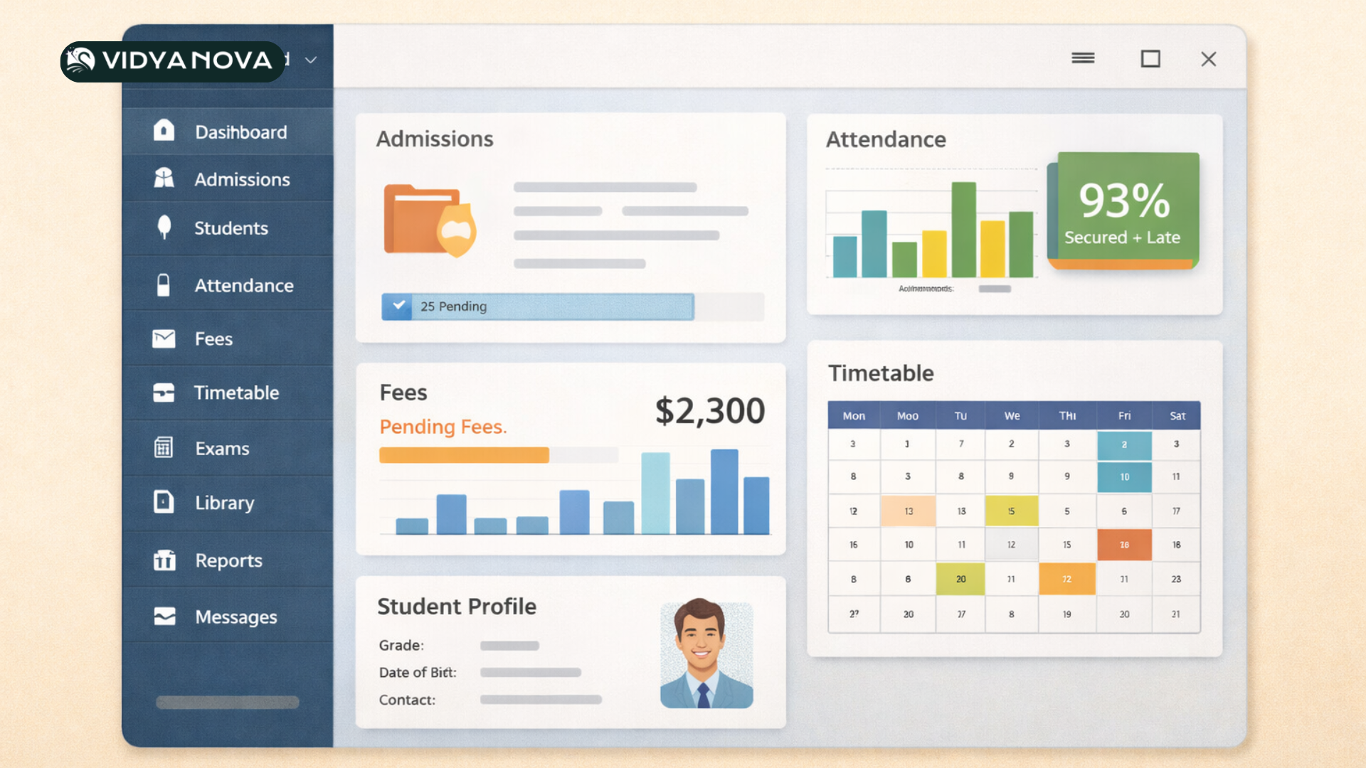 School ERP system dashboard showing admissions, attendance, fees, and timetable management modules