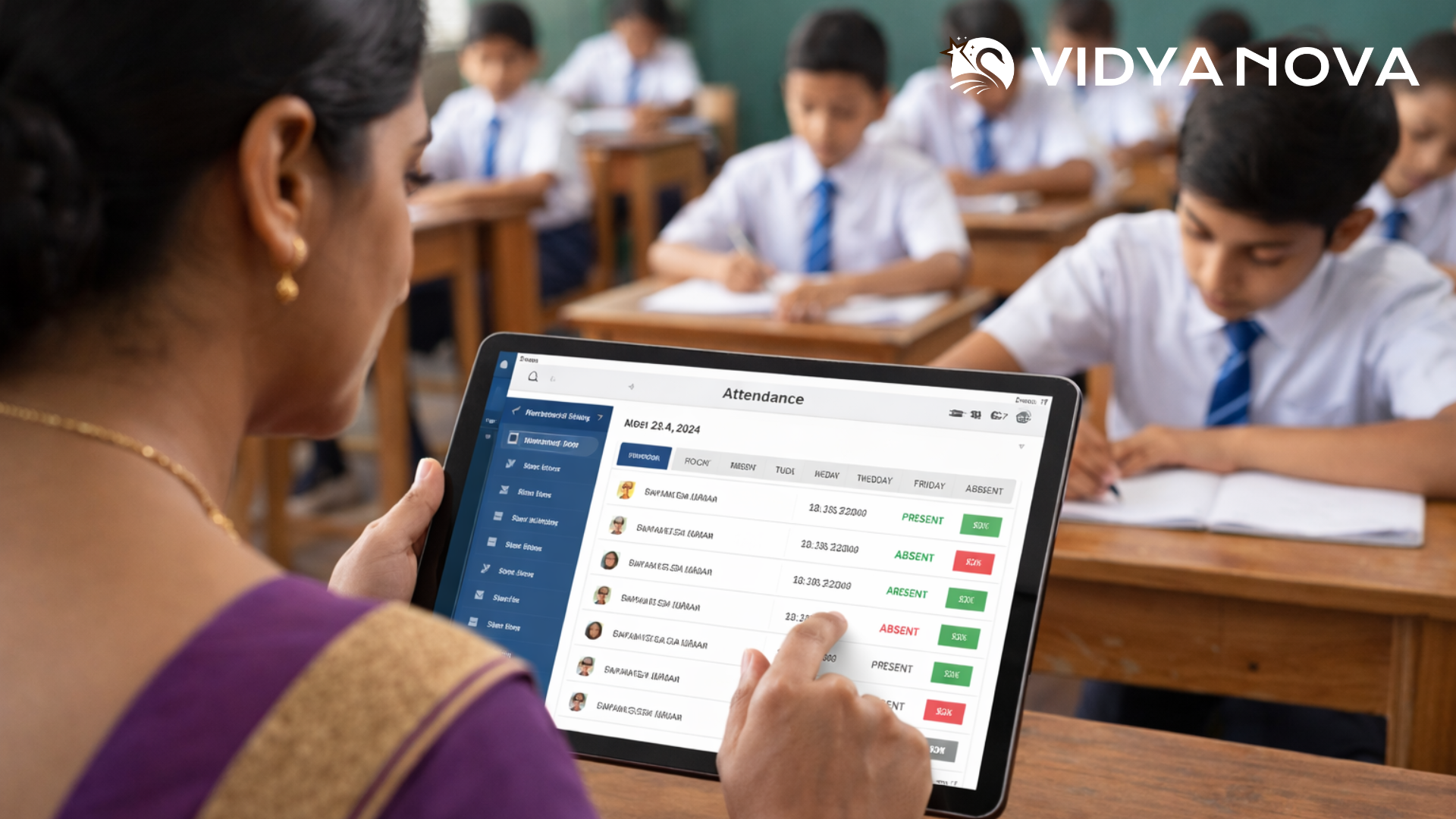 Teacher using tablet-based ERP system for student attendance tracking in classroom