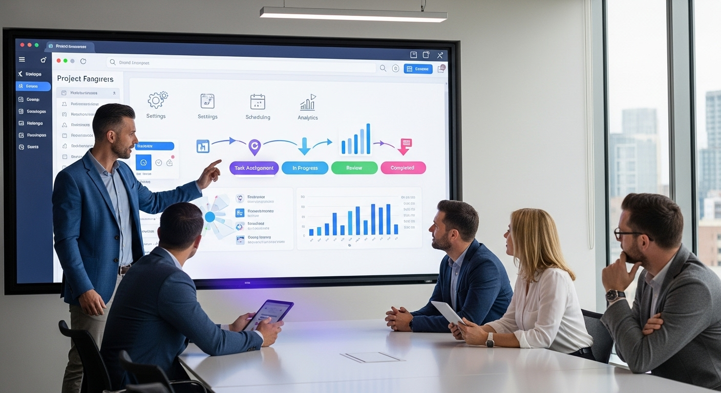 Salesperson presenting an interactive product demo to clients on a large screen, featuring clickable charts, workflow steps, and personalized demo elements to boost engagement and conversions