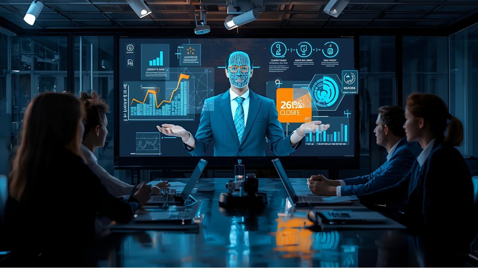 AI-powered sales presentation with virtual presenter showing product demos and sales growth graphs for improved deal conversions.