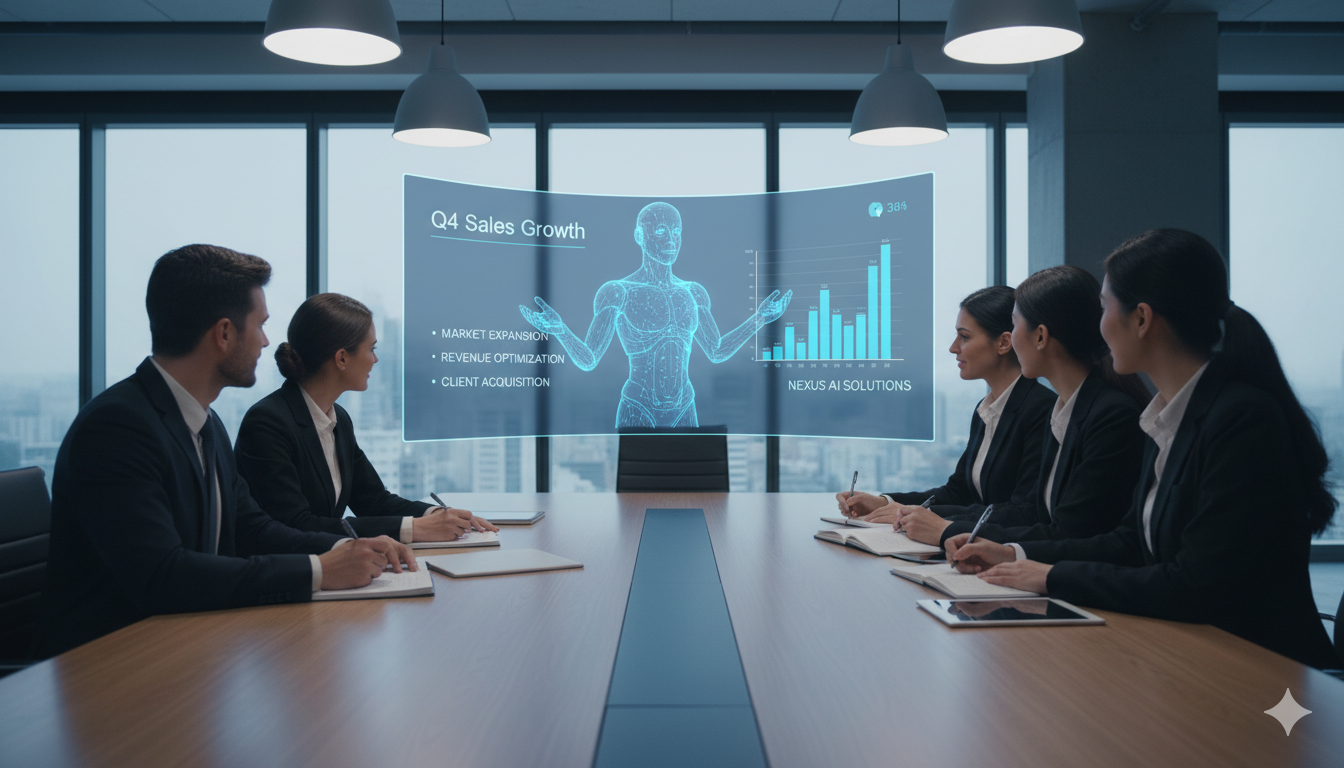 AI presenter giving an interactive sales pitch to a team