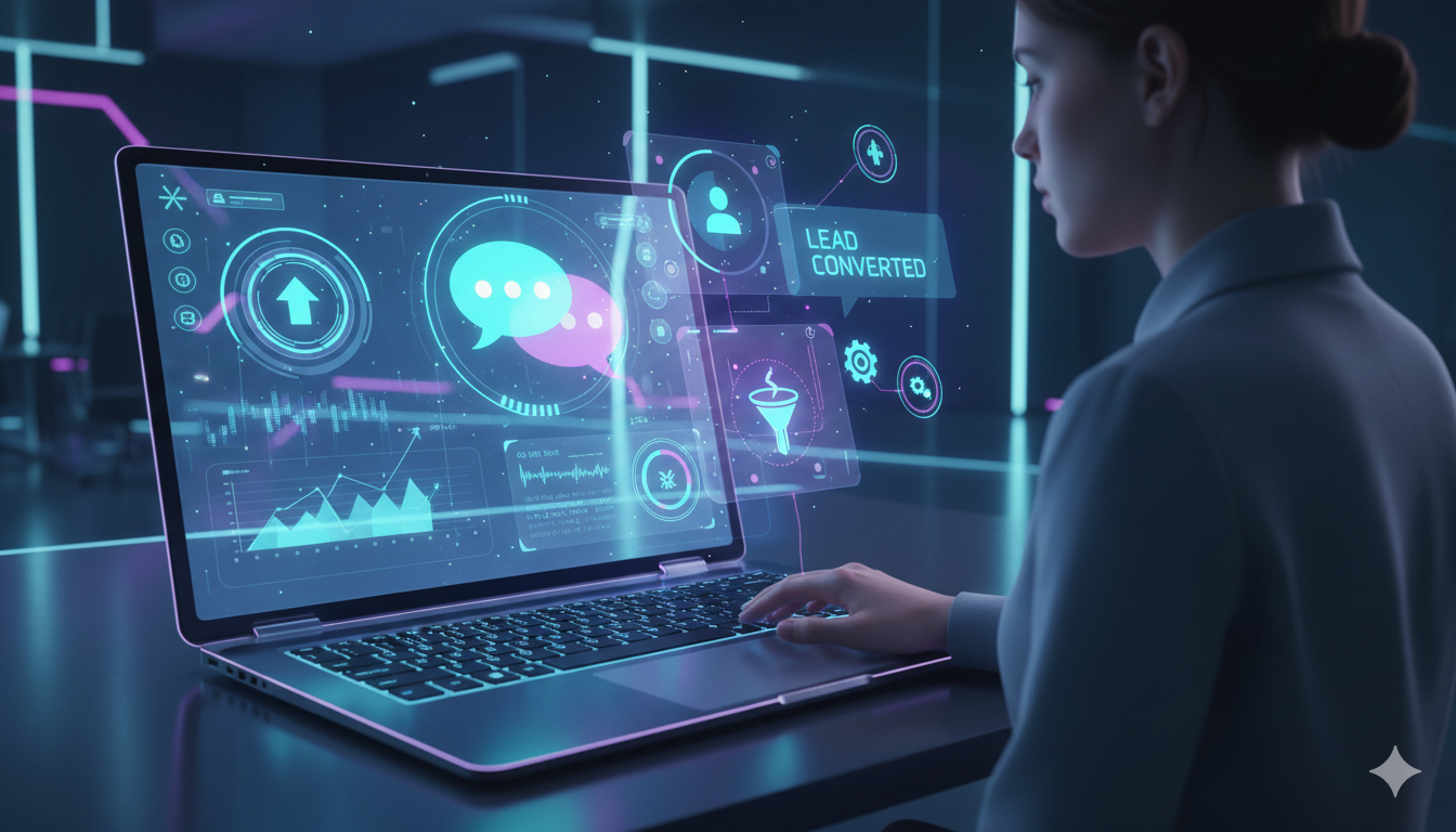 User interacting with an AI chatbot demo on a laptop, showing real-time conversations and lead conversion visuals.