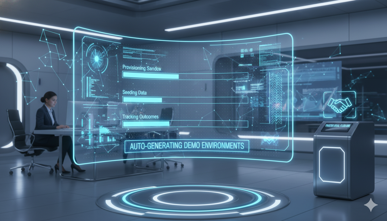 A sleek, modern sales team gathered around a large interactive digital screen showing a live product demo environment