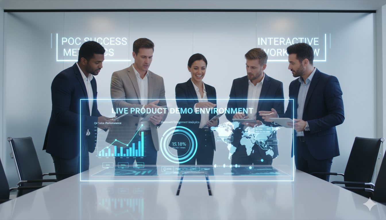 A futuristic workspace with an AI-powered dashboard auto-generating demo environments