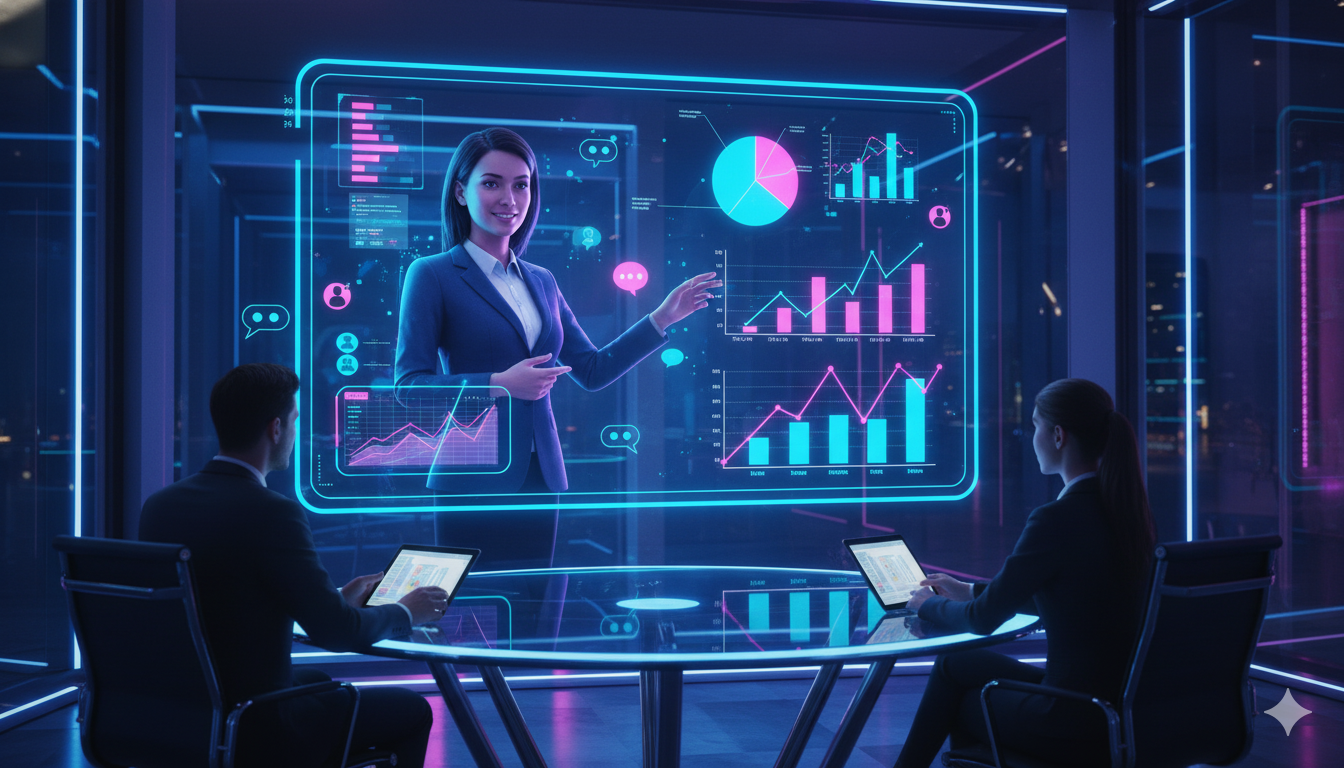 Modern B2B workspace with a virtual AI presenter avatar on a digital screen interacting with a sales and marketing team, showcasing personalized demos and real-time analytics.