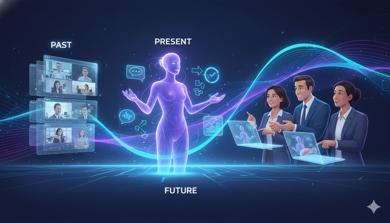 Futuristic illustration showing the evolution from static videos to interactive AI avatar presenters, highlighting engagement, analytics, and business communication in 2025.