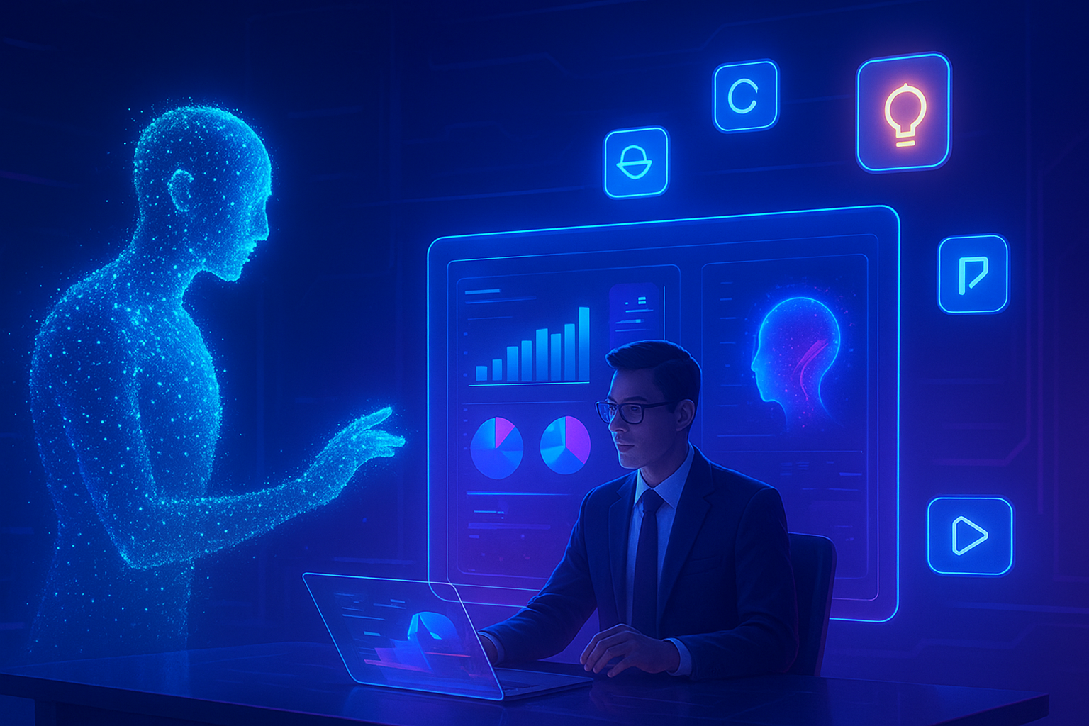 A business professional sits in a futuristic, neon-blue workspace, collaborating with a glowing, holographic AI figure made of digital particles.