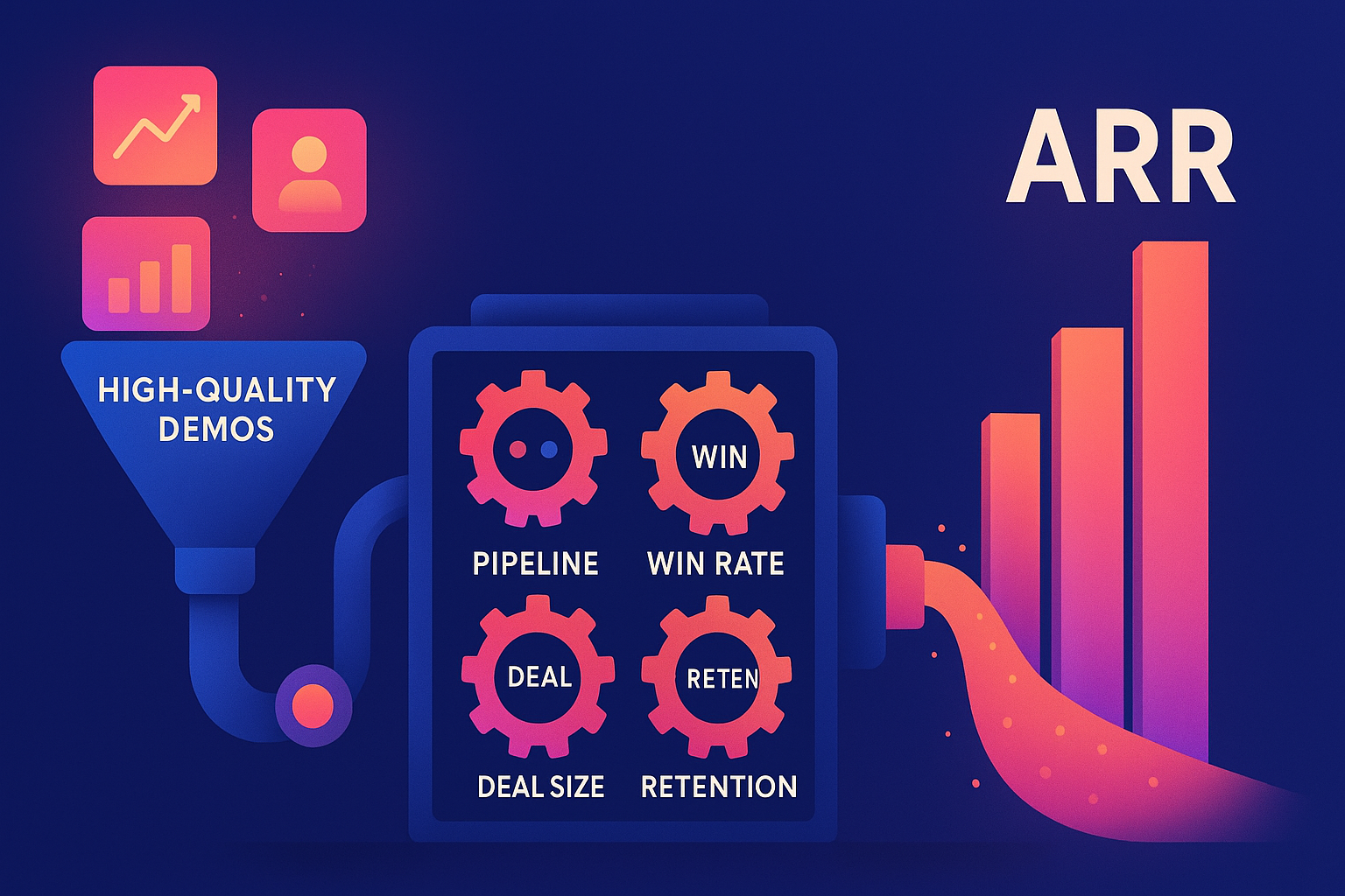 An illustration of a machine turning high-quality product demos into ARR growth, with demo icons entering a funnel and gears labeled Pipeline, Win Rate, Deal Size, and Retention powering rising revenue bars.
