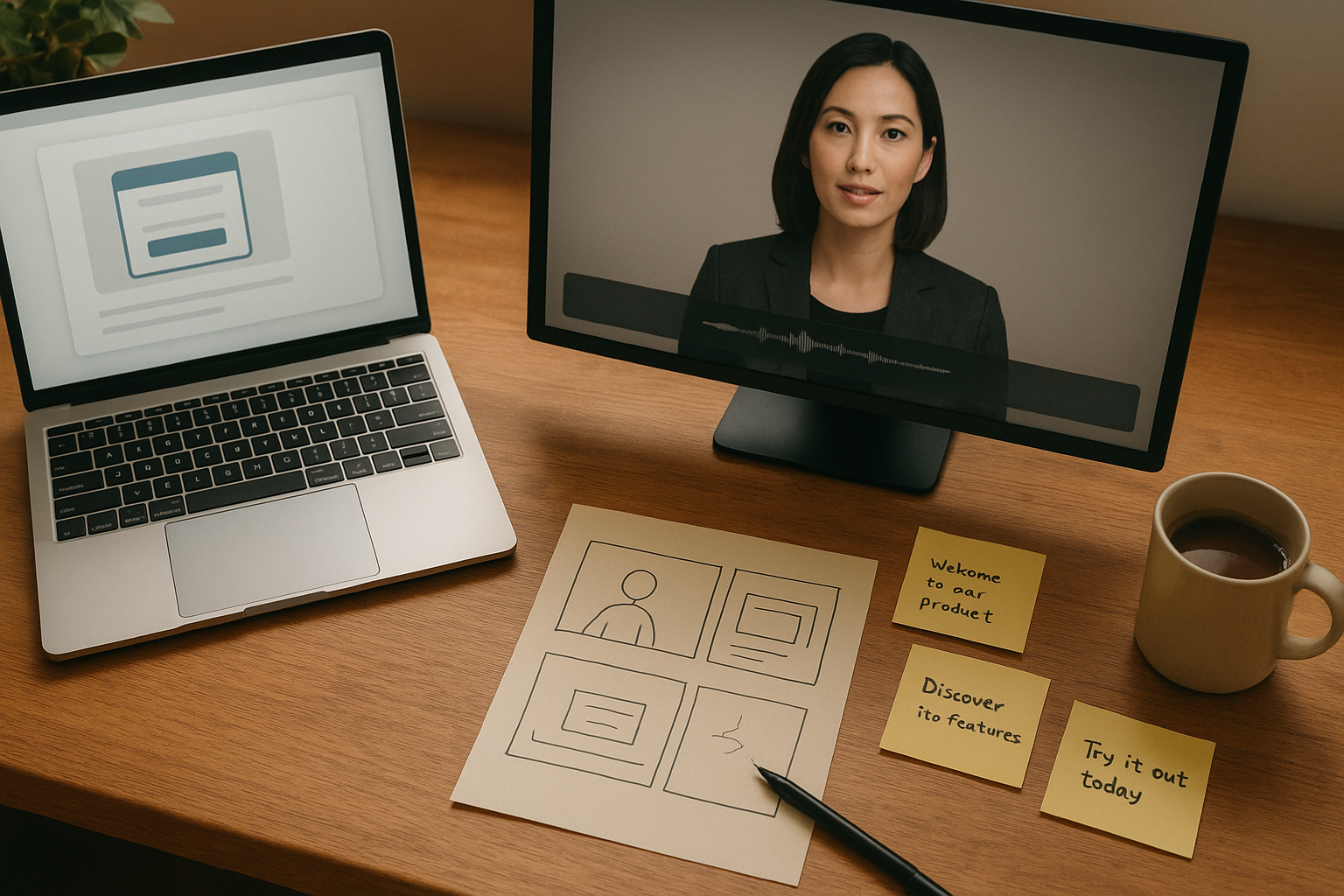 A top-down view of a creator’s real workspace showing the full workflow of making an AI presenter demo: a laptop displaying a product UI screen capture, a second monitor showing an AI video presenter