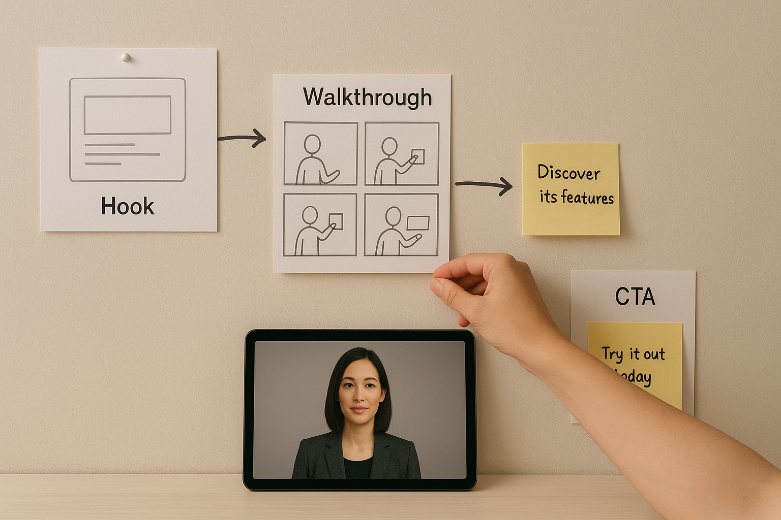 A minimalist studio-style photo of a beige wall with pinned storyboard materials showing the flow of a product demo: “Hook,” a four-frame “Walkthrough” sketch, highlighted script notes, and a “CTA” card. Arrows connect each stage. A person’s hand adjusts one of the pinned frames, and a tablet on the table below displays an AI presenter’s video clip. Soft shadows and a clean, realistic aesthetic.