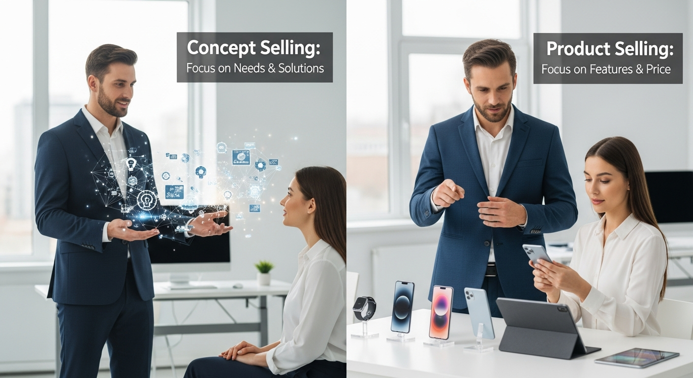 Visual comparison of concept selling and product selling in a business sales environment
