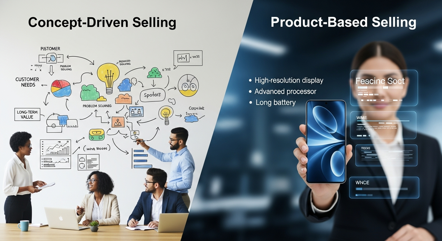 Sales strategy comparison highlighting concept-driven selling and product-based selling