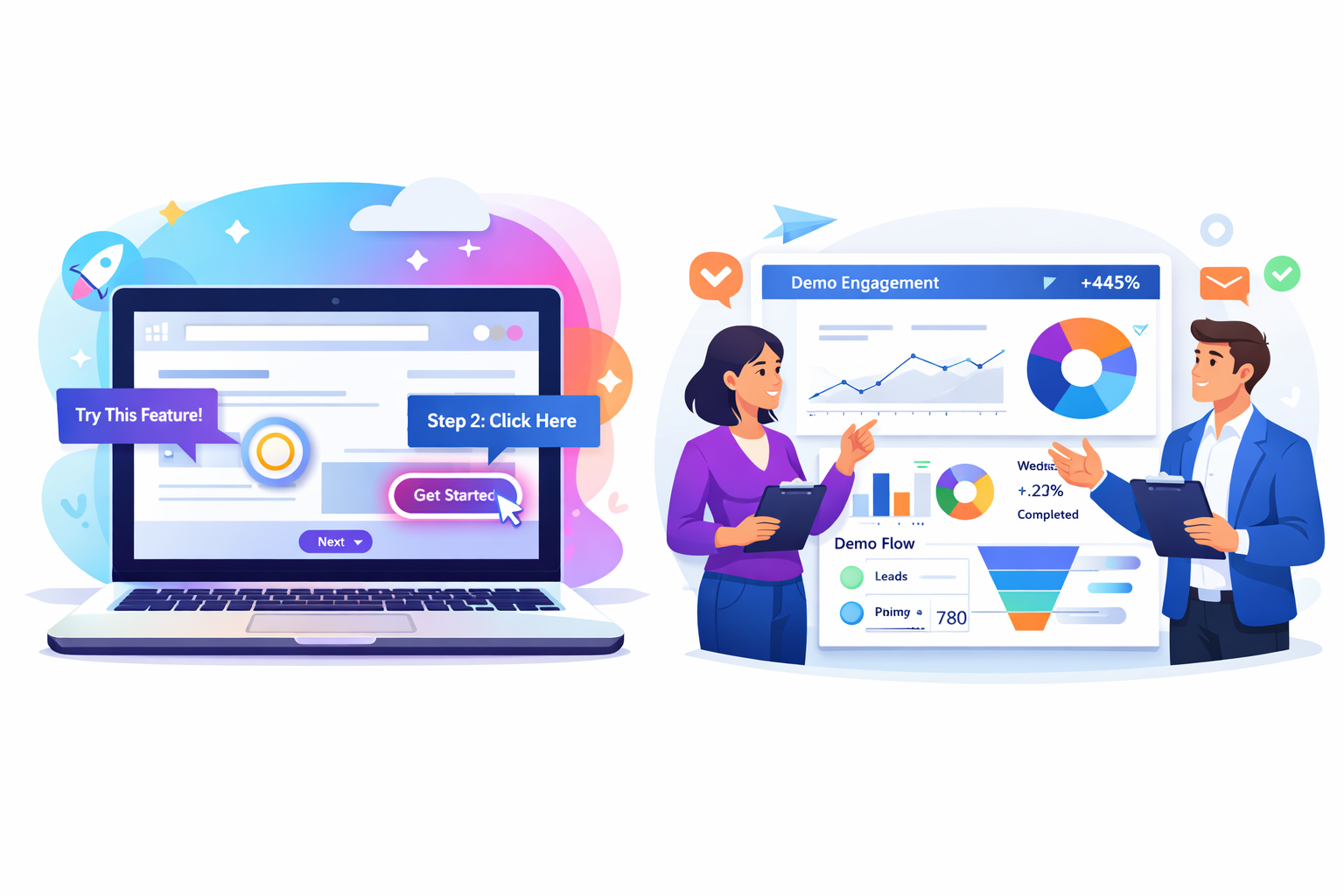 Interactive product demo shown on a laptop with clickable UI elements, guided tooltips, and a call-to-action highlighting hands-on user experience.