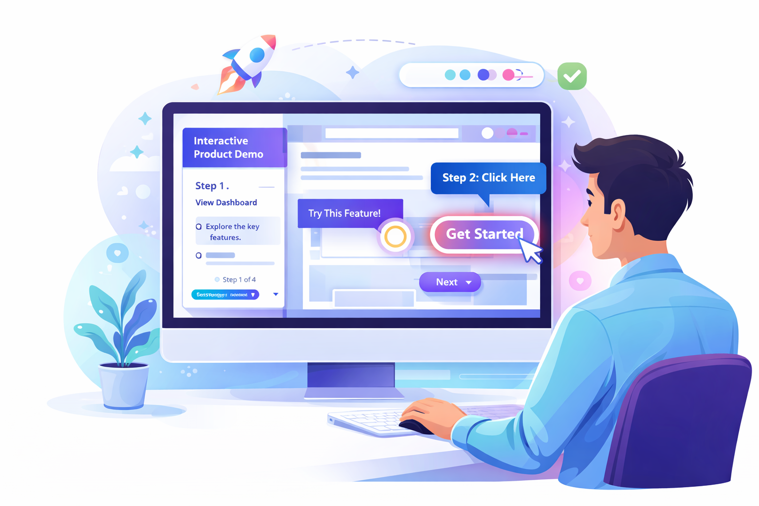 User navigating an interactive product demo on a desktop screen.