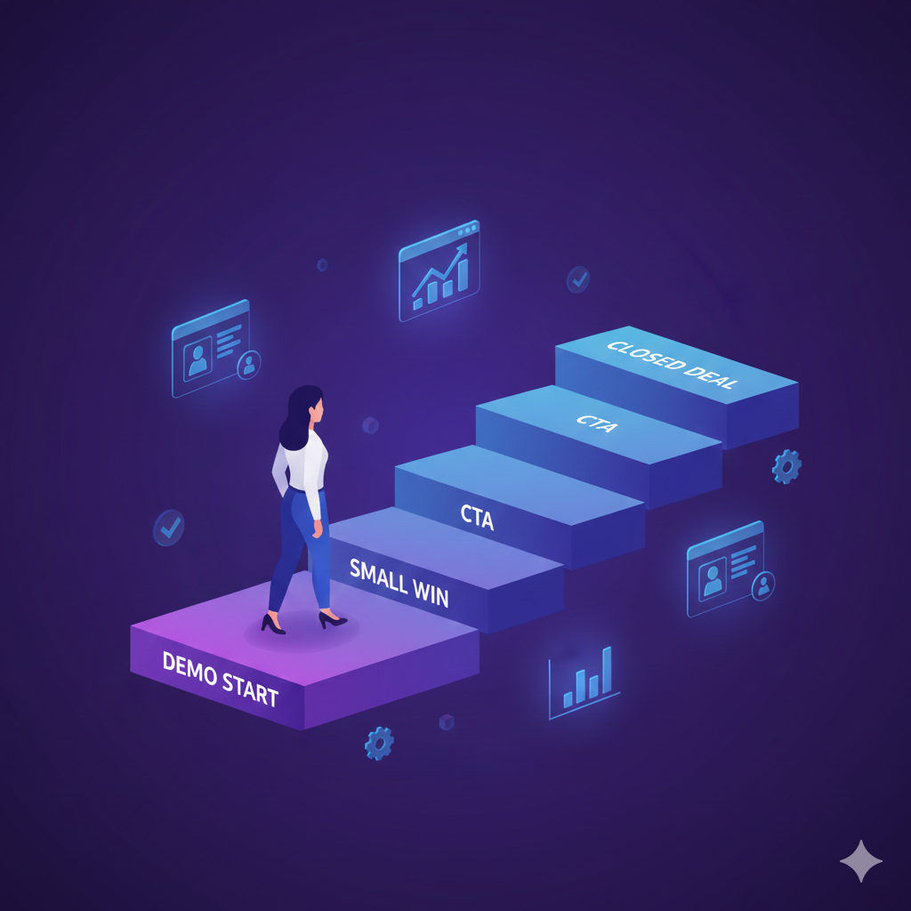 Laptop displaying a SaaS website with an interactive product demo, highlighted clickable elements, and visible conversion growth metrics.