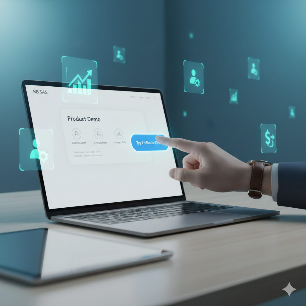 Illustration of a product-led growth journey showing interactive demo steps leading to increased SaaS conversions and closed deals.