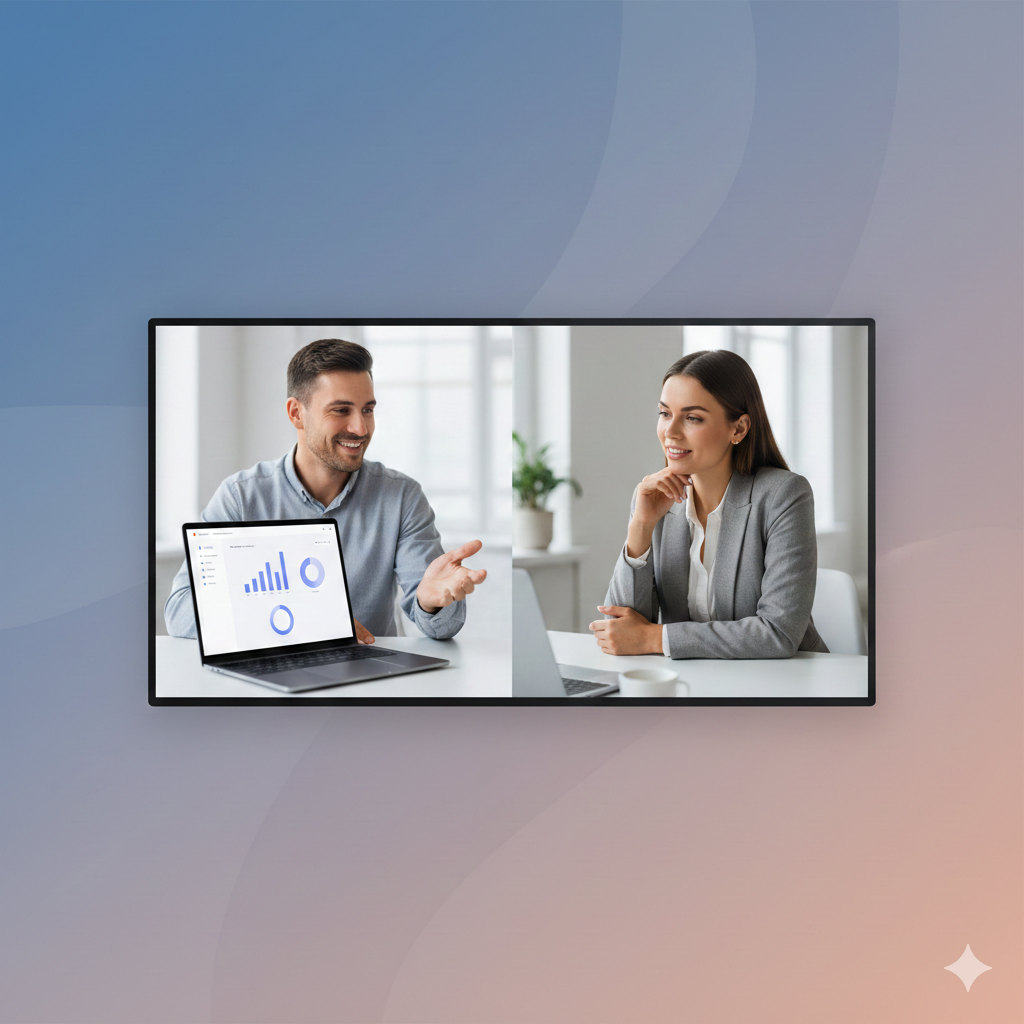 SaaS sales professional presenting a live product demo with a clean software dashboard during a virtual meeting.