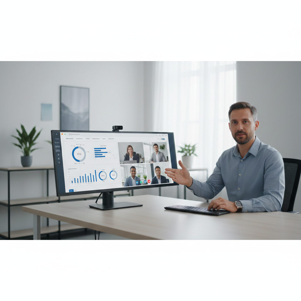 Sales engineer demonstrating a B2B SaaS analytics dashboard to remote stakeholders in a professional demo presentation.