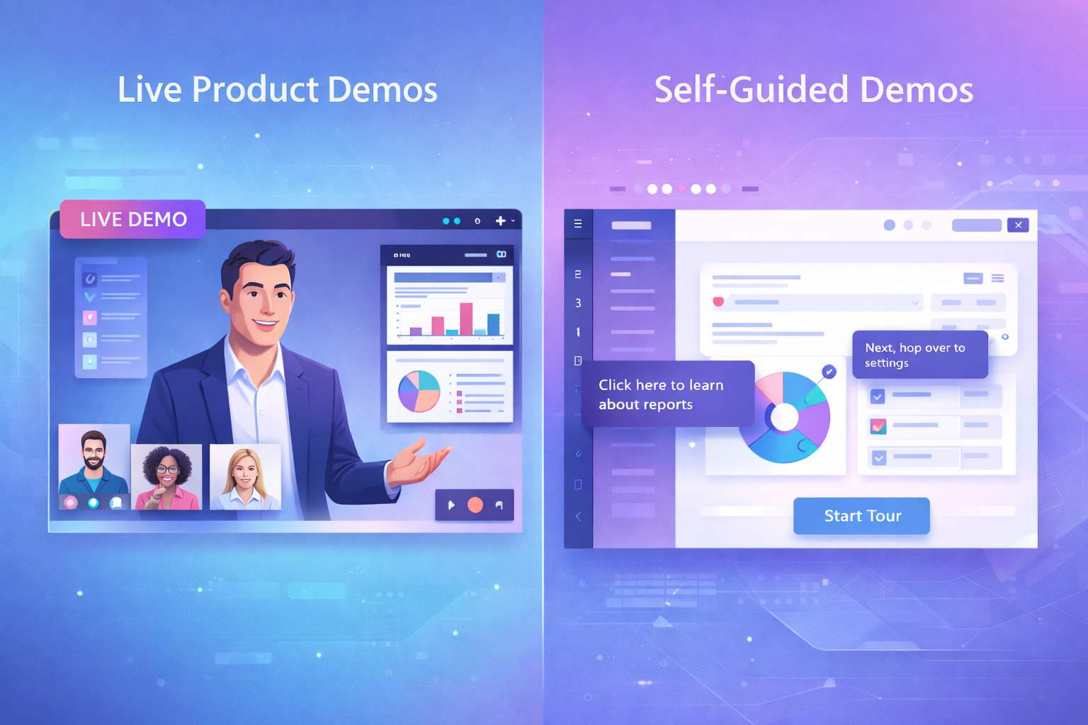 A 16:9 split-screen illustration comparing live product demos and self-guided demos. On the left, a professional presenter conducts a live video demo with participants visible in small video call windows and a dashboard displaying charts and analytics. On the right, an interactive SaaS interface shows tooltips, a progress indicator, and a “Start Tour” button, representing a self-guided demo experience. The background uses soft blue and purple gradients with a clean, modern tech aesthetic.