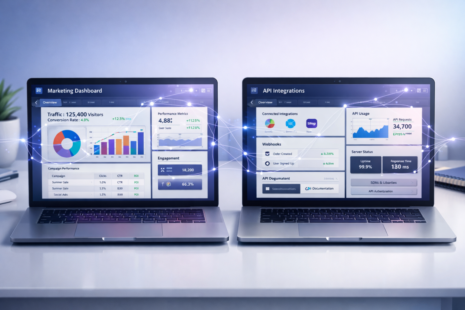 Modern SaaS dashboard on laptop showing personalized marketing analytics and API integration demos connected by AI neural network overlay.