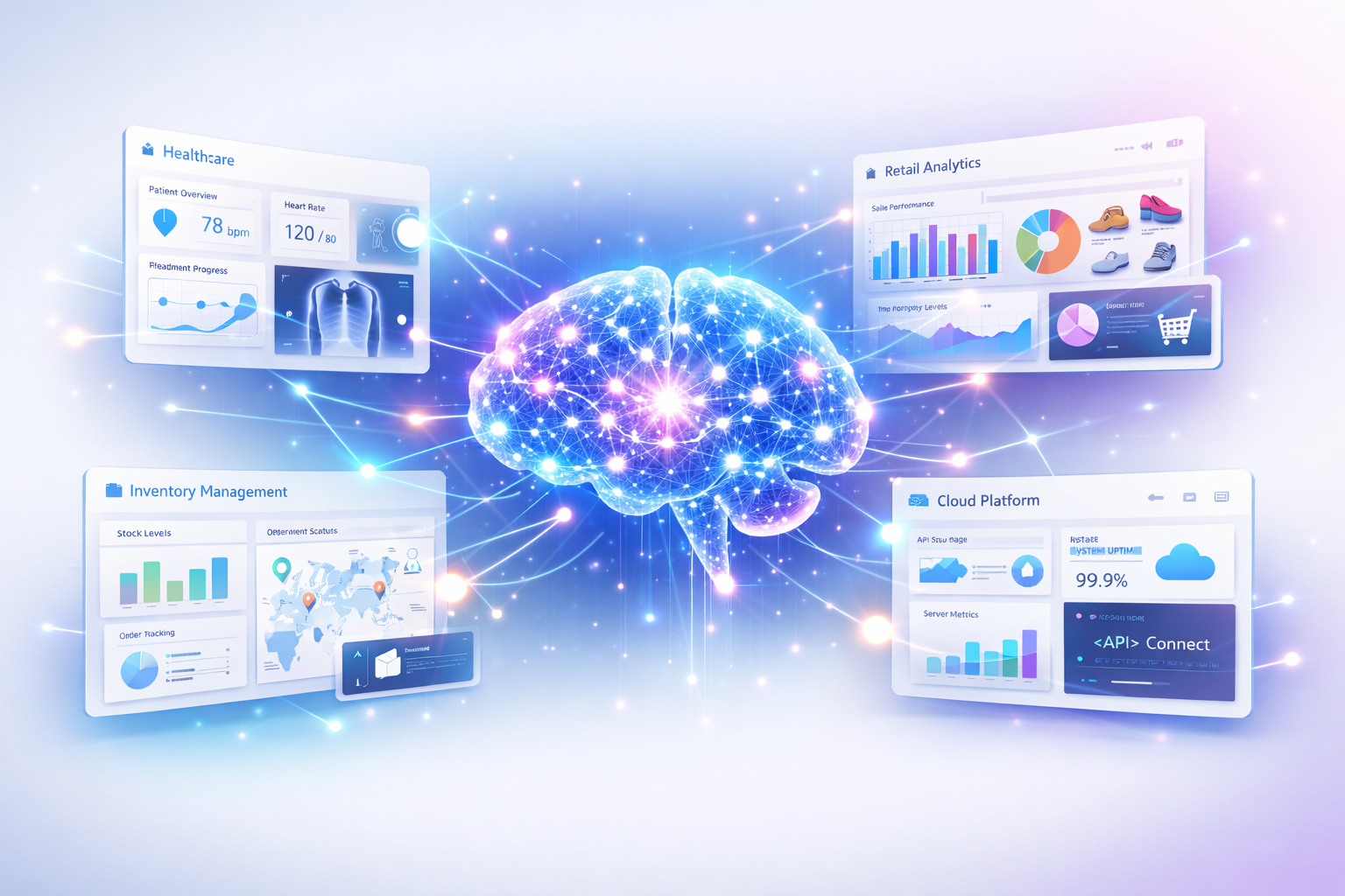 Central AI automation graphic dynamically powering multiple industry-specific SaaS demo screens in a modern minimalist tech layout.
