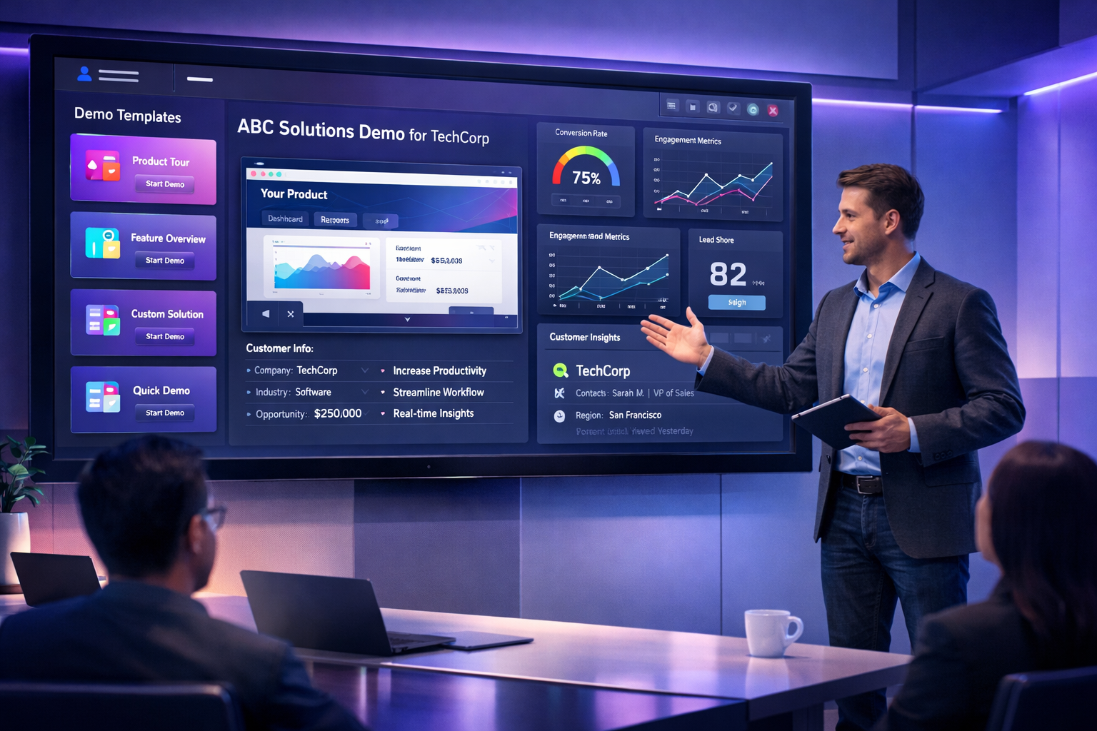 Sales representative using demo automation software to present an interactive SaaS product demo to prospects.