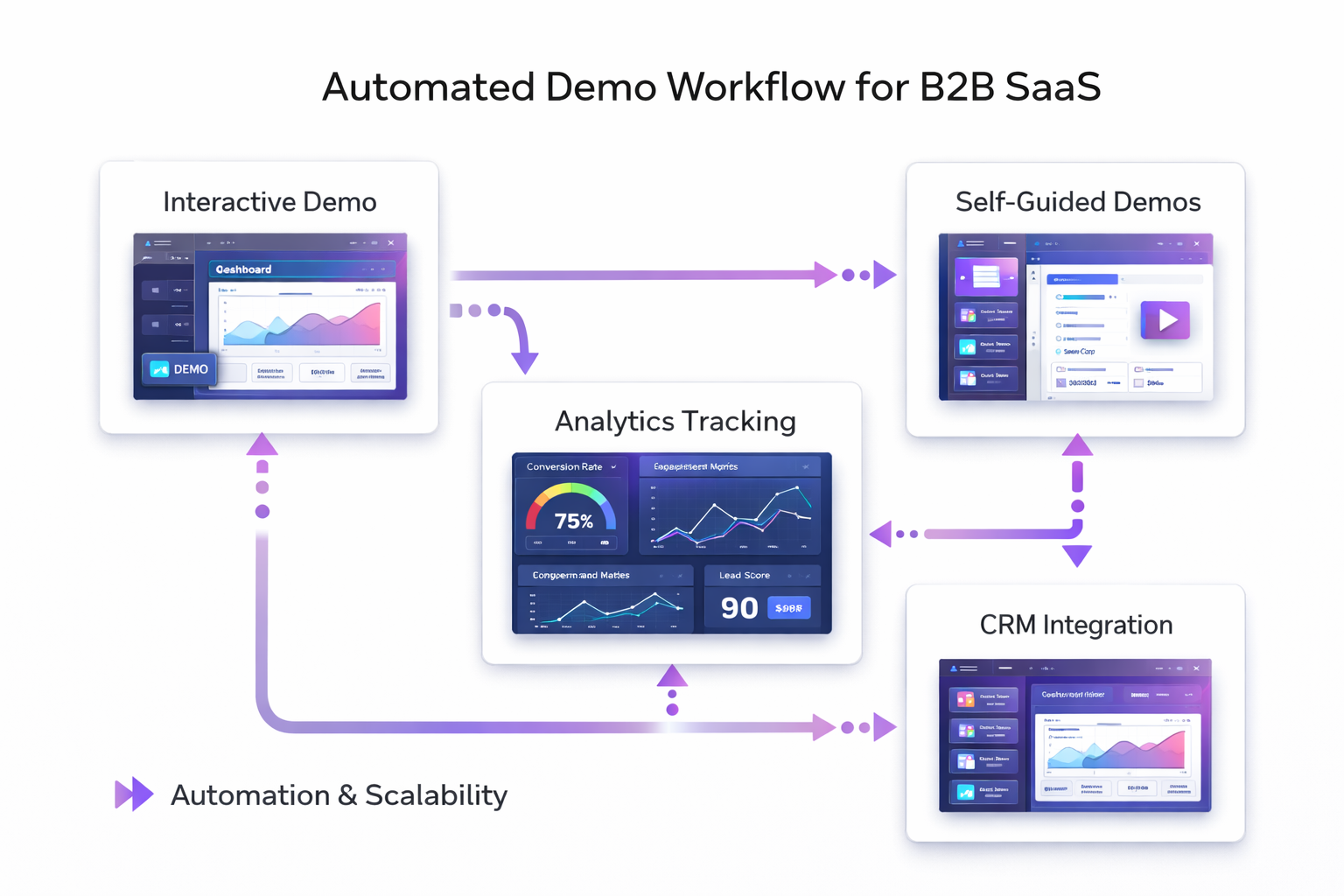 Diagram showing how demo automation software connects interactive demos, analytics, and CRM tools for sales enablement teams.