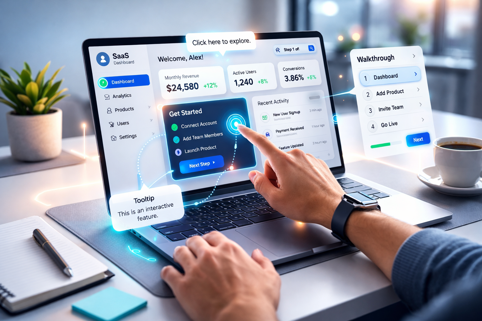 Interactive SaaS product walkthrough with clickable hotspots and guided tooltips demonstrating a no-code demo experience