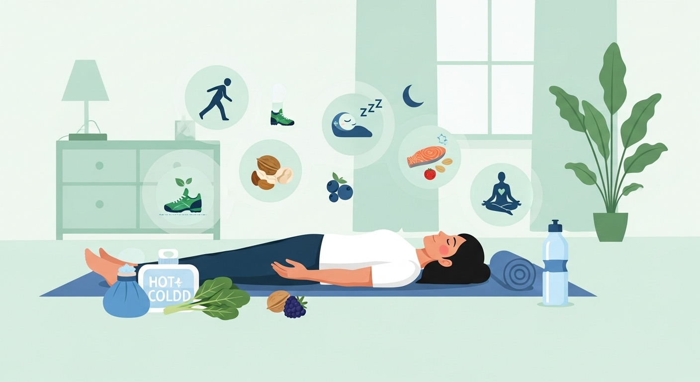 “At-home natural pain relief — stretching, herbal remedies, and heat therapy for safe, pill-free recovery.