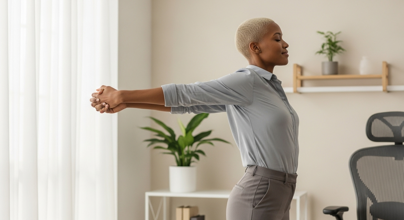 Person practicing natural back pain relief stretch at home for healthy posture