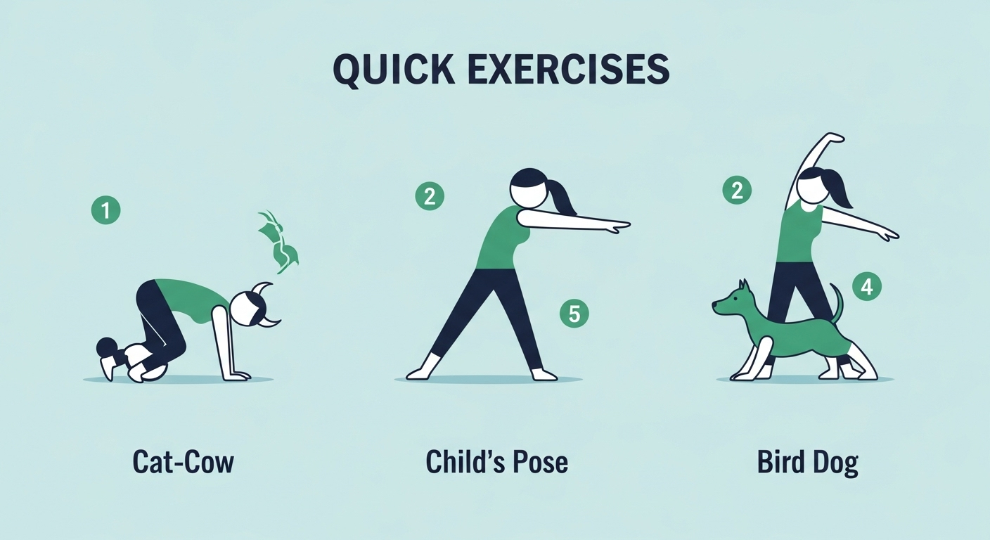 “Infographic of simple back pain relief exercises like Cat-Cow and Bird Dog stretch