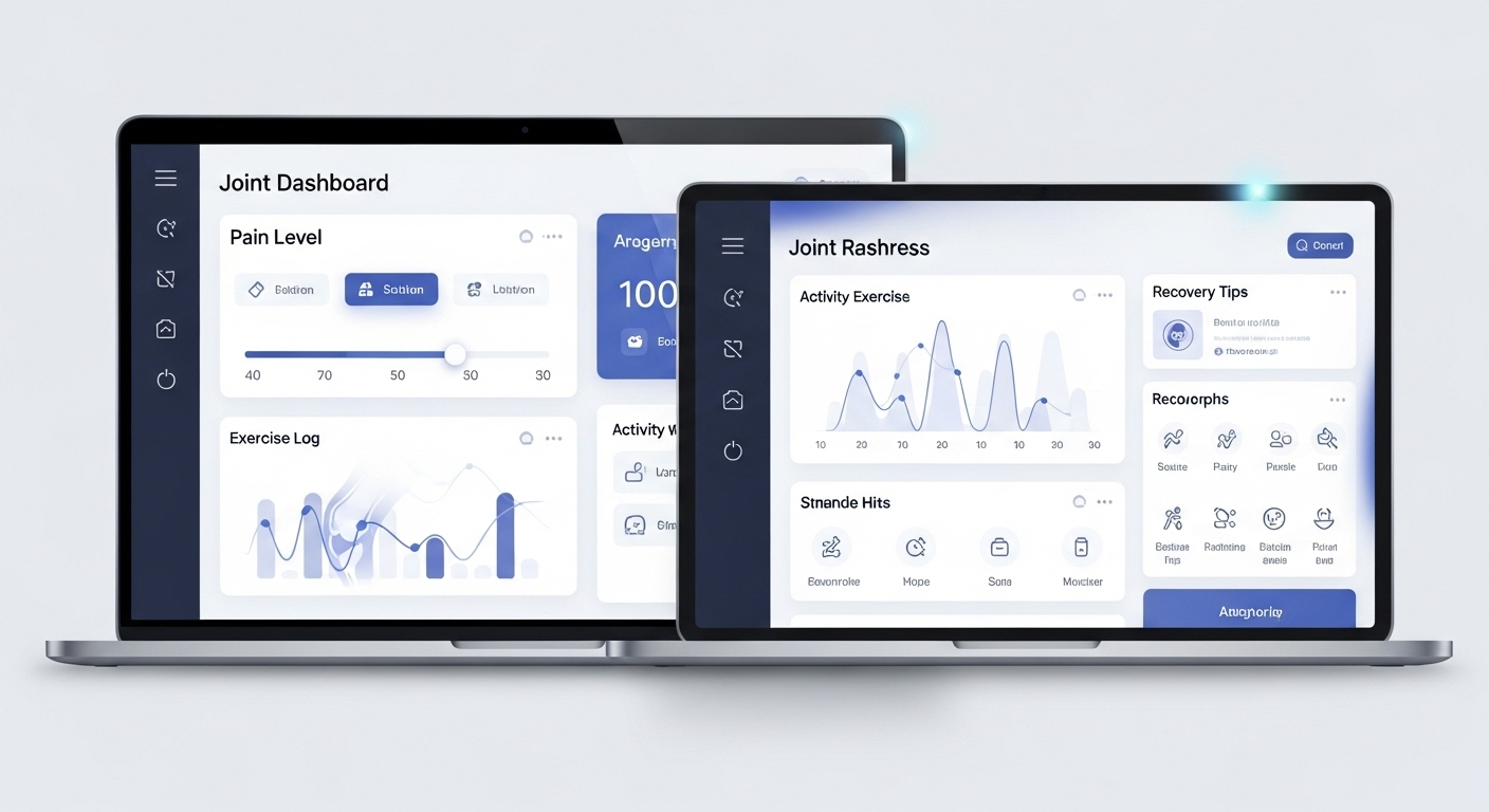 Mobile app UI for joint pain relief with exercises, remedies, and progress tracking