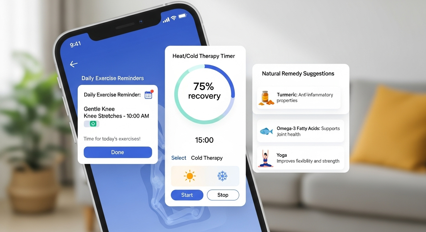 Mobile app UI for joint pain relief with exercises, remedies, and progress tracking